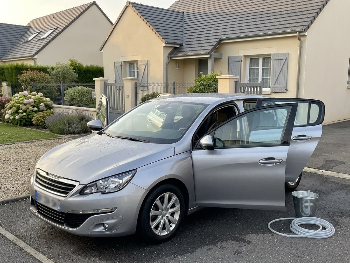 Voiture grise fraîchement lavée dans l'allée d'un pavillon, portières ouvertes, seau et tuyau rangés à côté