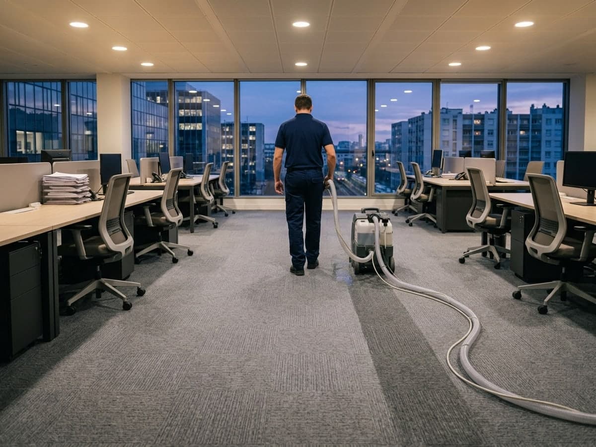 Plateau de bureaux au crépuscule, moquette grise lavée à la machine par un agent vu de dos