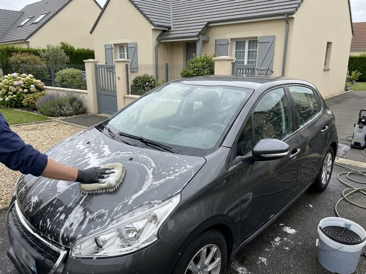 Main gantée passant un gant de lavage moussant sur le capot d'une citadine grise, dans l'allée d'un pavillon