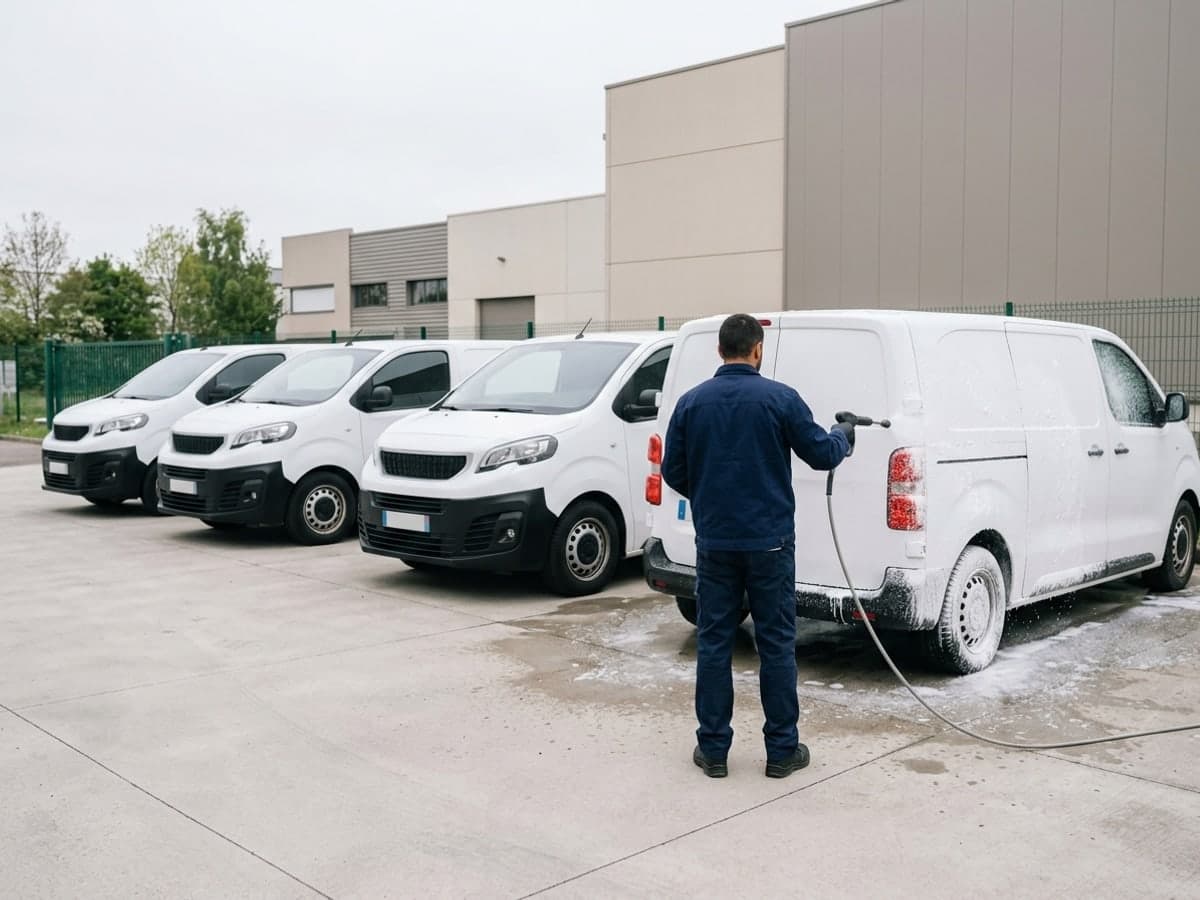 Rangée d'utilitaires blancs sur un parking d'entreprise, l'un couvert de mousse sous la lance d'un agent en tenue bleu marine