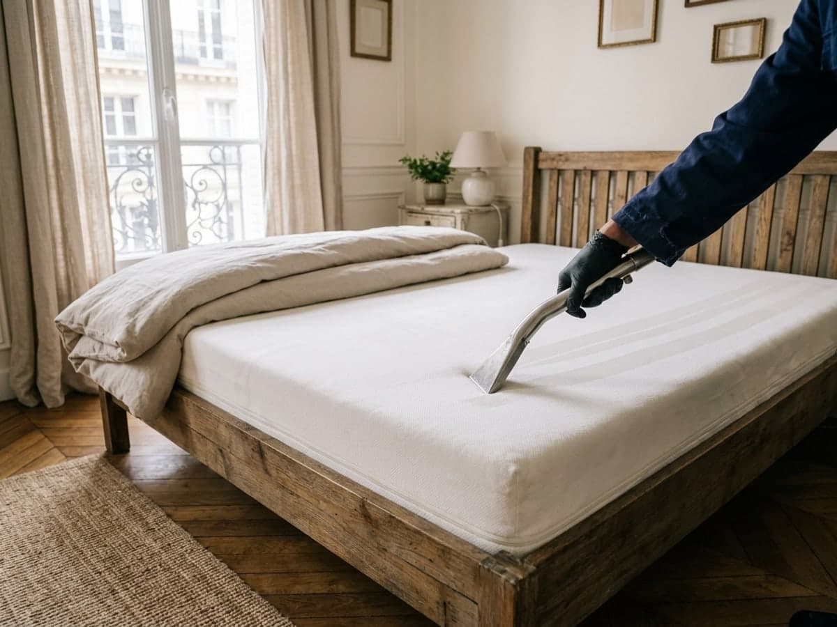 Matelas blanc lavé à la buse d'extraction dans une chambre parisienne, couette pliée au pied du lit