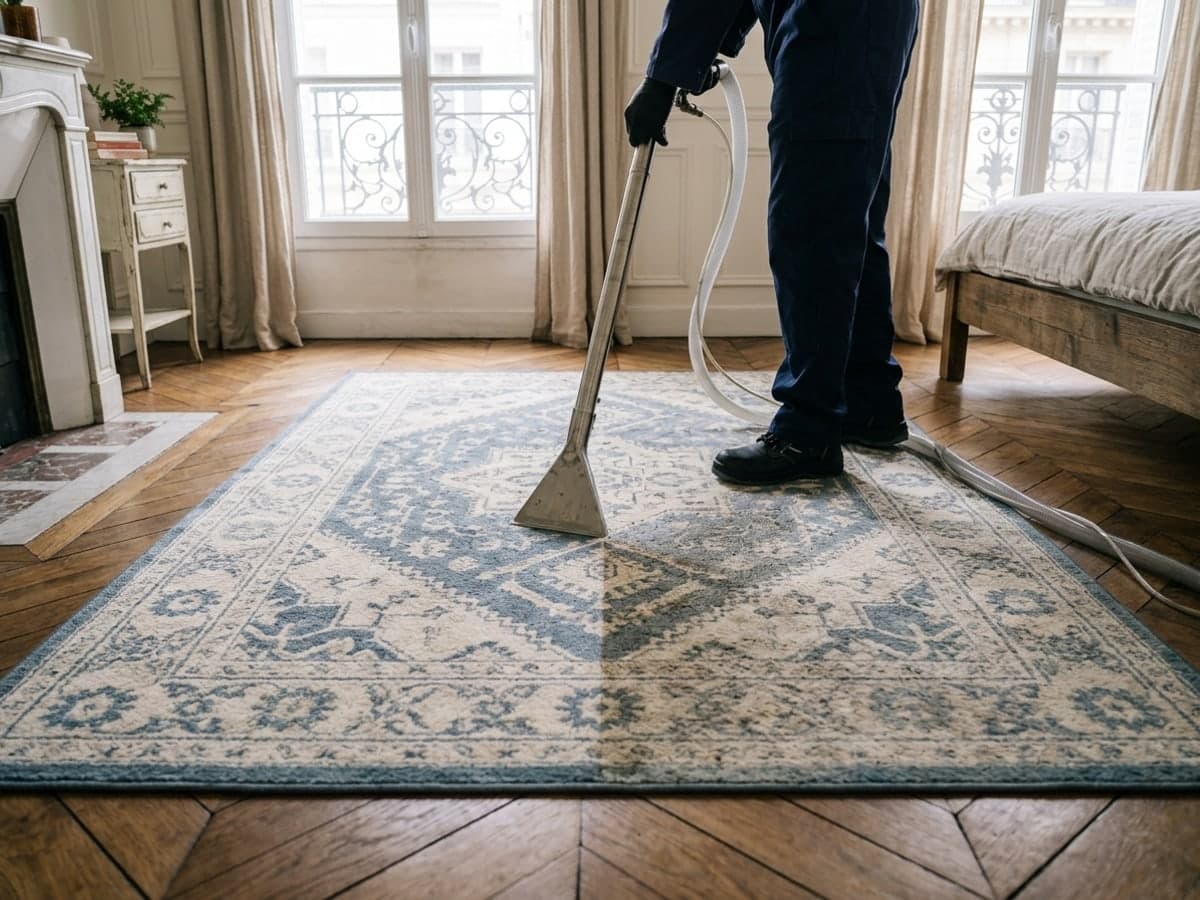 Tapis à motifs bleus sur parquet en point de Hongrie, lavé à la buse d'extraction, la moitié traitée nettement plus claire